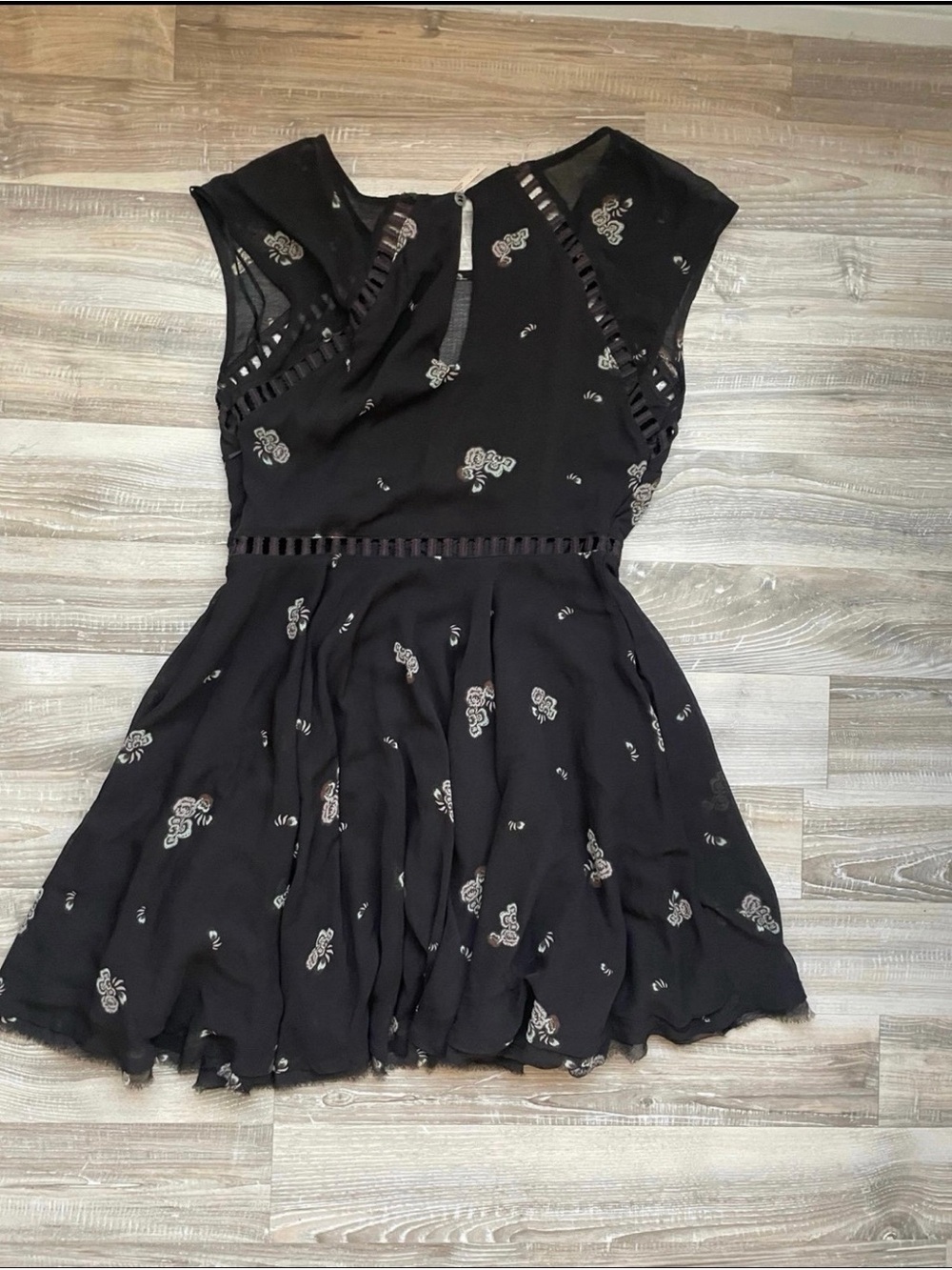 Free People Black Floral Mini Dress Size 2 Sheer Overlay Boho Flowy